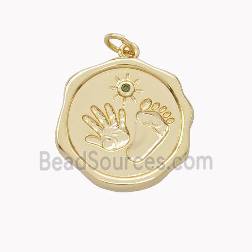 Copper Hand Footprint Pendant Pave Zirconia Circle Gold Plated