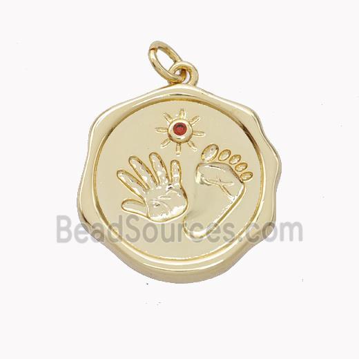 Copper Hand Footprint Pendant Pave Zirconia Circle Gold Plated