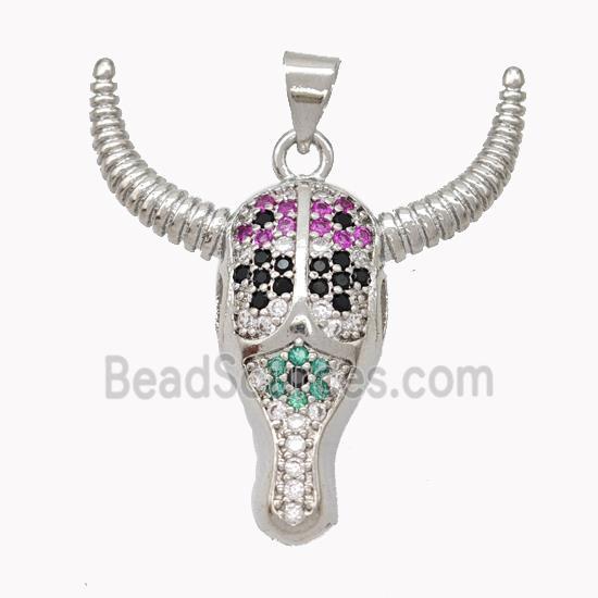 Copper Bullhead Pendant Pave Multicolor Zirconia Platinum Plated