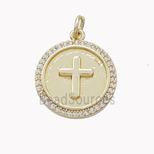 Copper Cross Coin Pendant Pave Zirconia Gold Plated