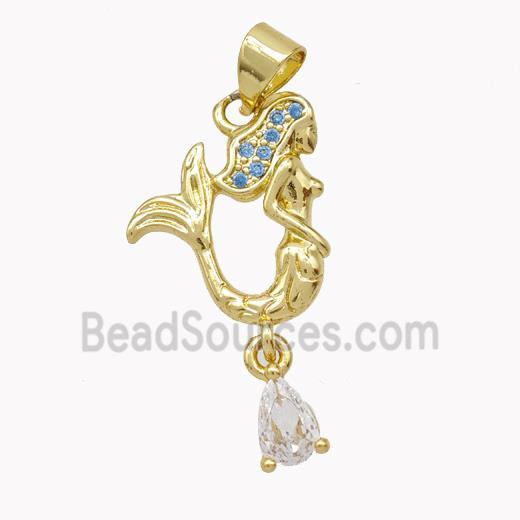 Copper Mermaid Charms Pendant Pave Zirconia Gold Plated