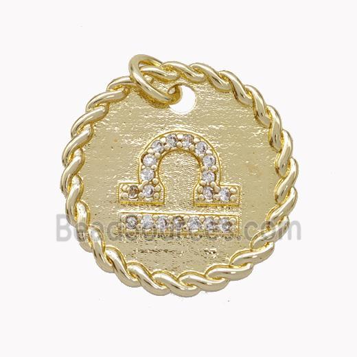 Sign Of Libra Copper Circle Pendant Pave Zirconia Zodiac Gold Plated