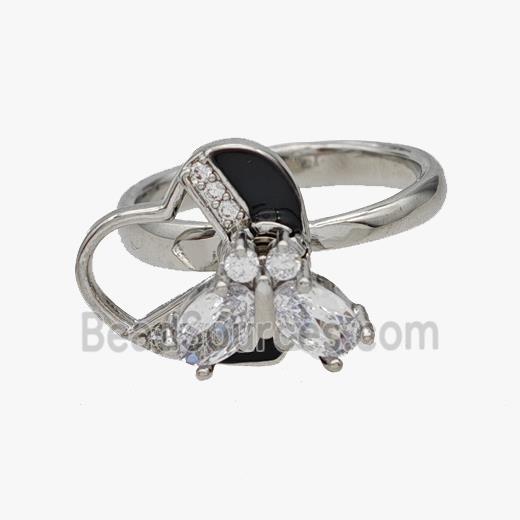 Copper Heart Butterfly Rings Pave Zirconia Rotatable Adjustable Platinum Plated