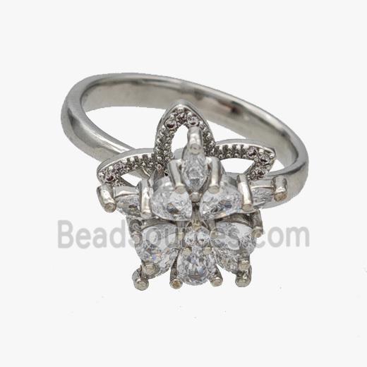 Copper Flower Rings Pave Zirconia Rotatable Adjustable Platinum Plated