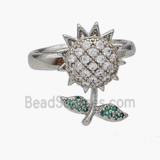 Copper Sunflower Rings Pave Zirconia Rotatable Adjustable Platinum Plated