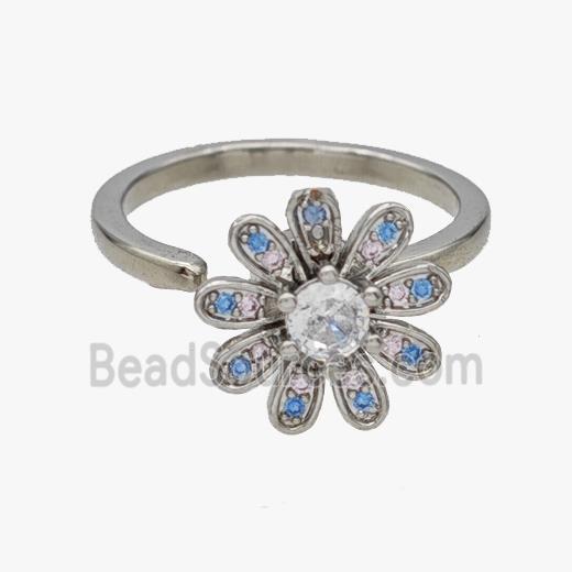 Copper Flower Rings Pave Zirconia Rotatable Adjustable Platinum Plated