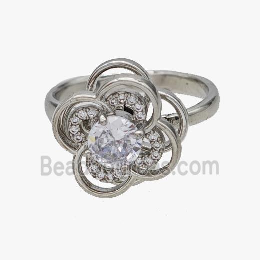 Copper Flower Rings Pave Zirconia Rotatable Adjustable Platinum Plated