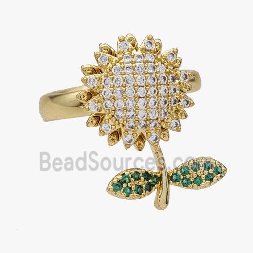 Copper Sunflower Rings Pave Zirconia Rotatable Adjustable Gold Plated