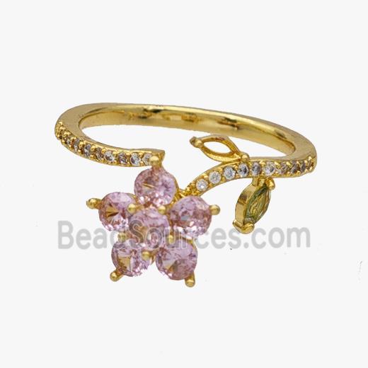 Copper Flower Rings Pave Zirconia Rotatable Adjustable Gold Plated