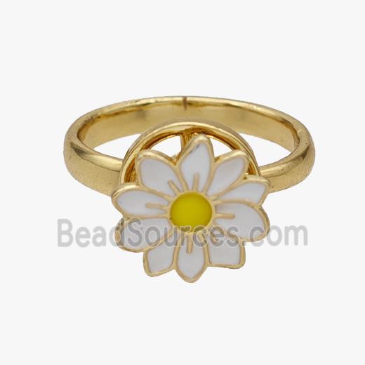 Copper Flower Rings White Enamel Rotatable Adjustable Gold Plated