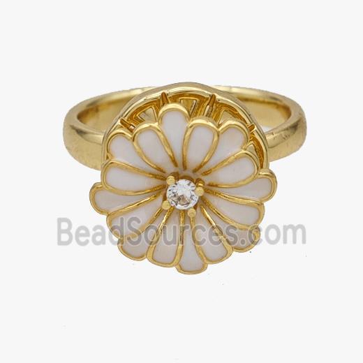 Copper Flower Rings White Enamel Rotatable Adjustable Gold Plated