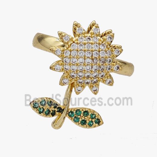 Copper Sunflower Rings Pave Zirconia Rotatable Adjustable Gold Plated