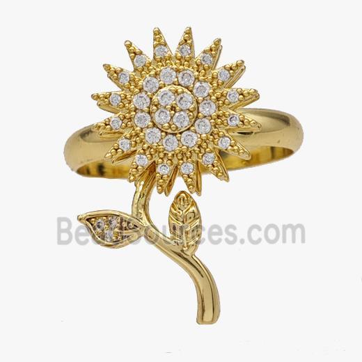 Copper Flower Rings Pave Zirconia Rotatable Adjustable Gold Plated