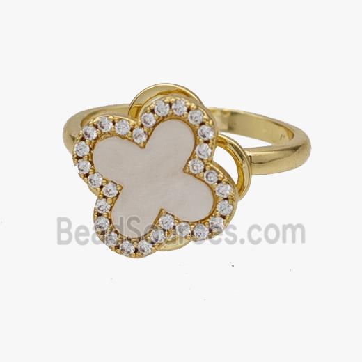 Copper Clover Rings Pave Zirconia Shell Rotatable Adjustable Gold Plated