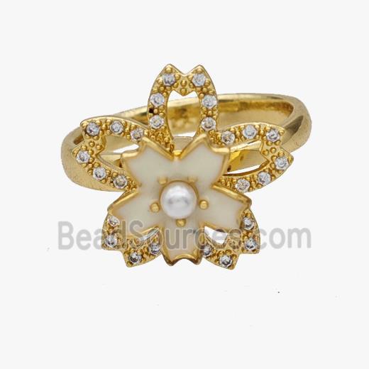 Copper Flower Rings Pave Zirconia Enamel Rotatable Adjustable Gold Plated