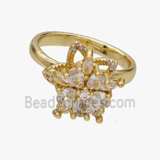 Copper Flower Rings Pave Zirconia Rotatable Adjustable Gold Plated