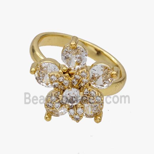 Copper Flower Rings Pave Zirconia Rotatable Adjustable Gold Plated