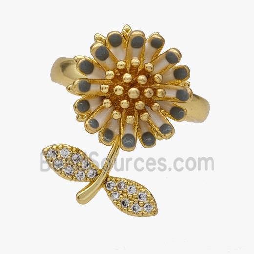 Copper Flower Rings Pave Zirconia Enamel Rotatable Adjustable Gold Plated