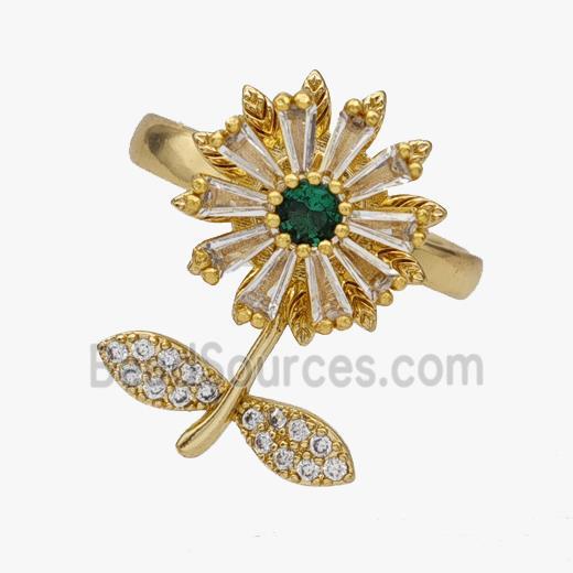 Copper Flower Rings Pave Zirconia Rotatable Adjustable Gold Plated