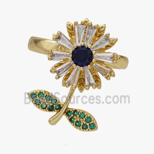 Copper Flower Rings Pave Zirconia Rotatable Adjustable Gold Plated