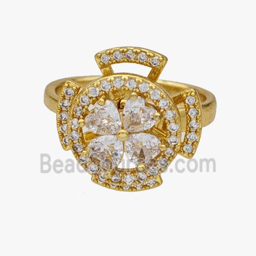 Copper Clover Rings Pave Zirconia Rotatable Adjustable Gold Plated