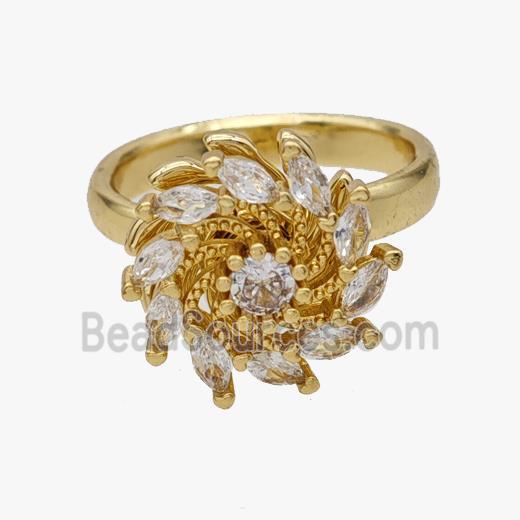 Copper Flower Rings Pave Zirconia Rotatable Adjustable Gold Plated