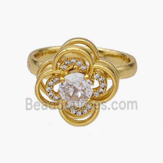 Copper Flower Rings Pave Zirconia Rotatable Adjustable Gold Plated