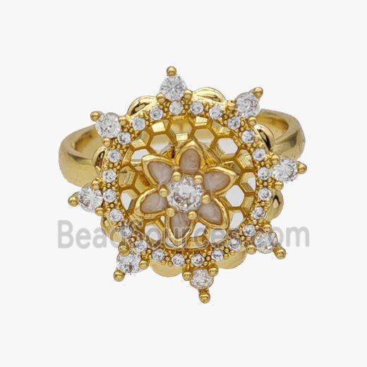 Copper Flower Rings Pave Zirconia Rotatable Adjustable Gold Plated