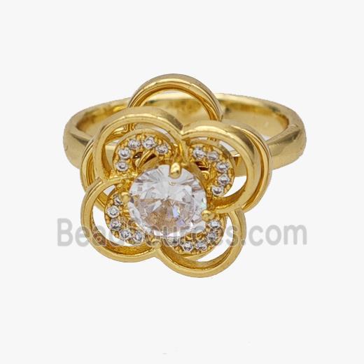 Copper Flower Rings Pave Zirconia Rotatable Adjustable Gold Plated