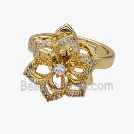 Copper Flower Rings Pave Zirconia Rotatable Adjustable Gold Plated