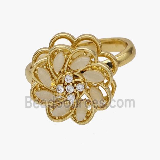 Copper Flower Rings Pave Zirconia Rotatable Adjustable Gold Plated