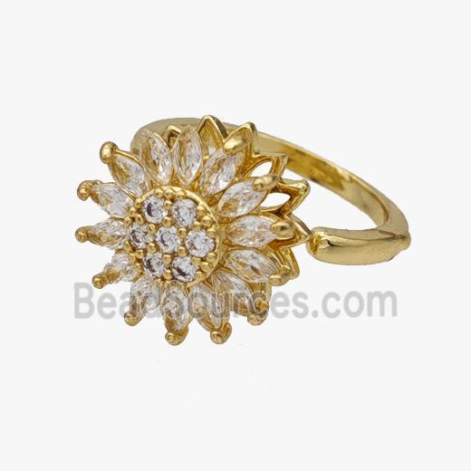 Copper Flower Rings Pave Zirconia Rotatable Adjustable Gold Plated