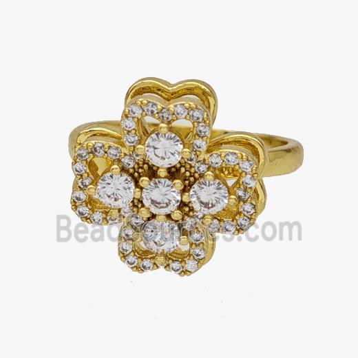 Copper Clover Rings Pave Zirconia Rotatable Adjustable Gold Plated