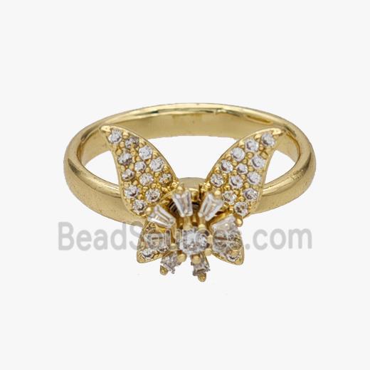 Copper Butterfly Rings Pave Zirconia Rotatable Adjustable Gold Plated