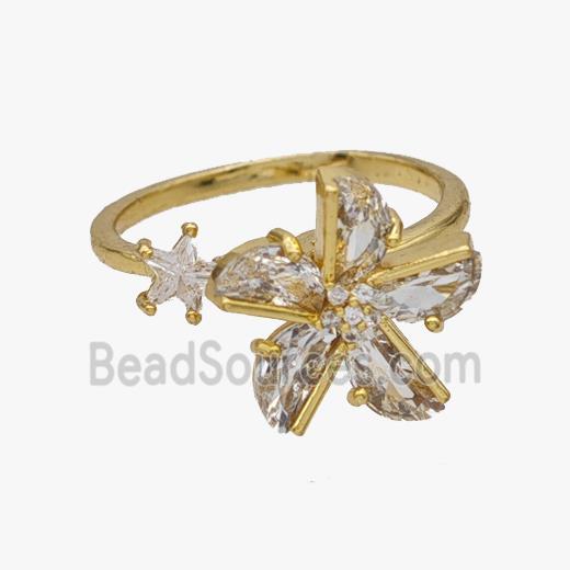 Copper Flower Rings Pave Zirconia Rotatable Adjustable Gold Plated