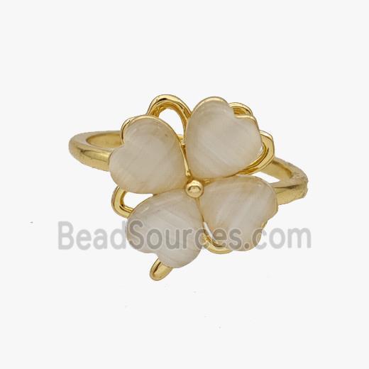 Copper Clover Rings Pave Cateye Glass Rotatable Adjustable Gold Plated