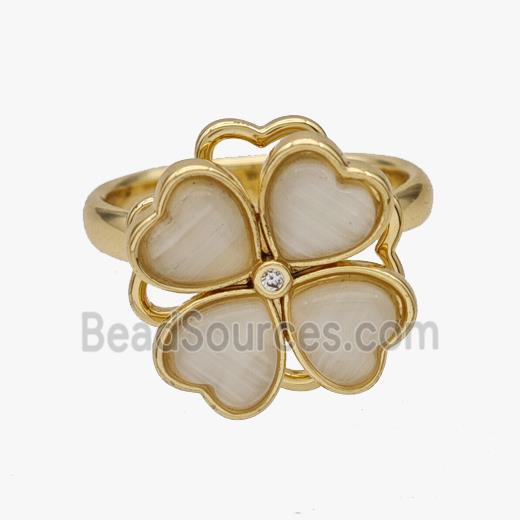 Copper Clover Rings Pave Cateye Glass Rotatable Adjustable Gold Plated