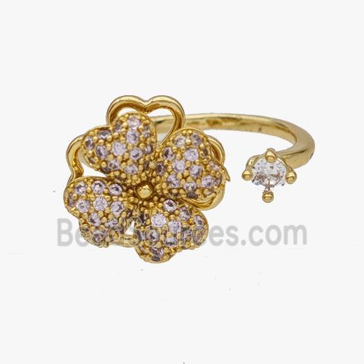 Copper Clover Rings Pave Zirconia Rotatable Adjustable Gold Plated