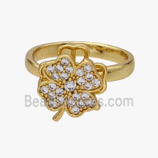 Copper Clover Rings Pave Zirconia Rotatable Adjustable Gold Plated