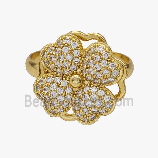 Copper Clover Rings Pave Zirconia Rotatable Adjustable Gold Plated