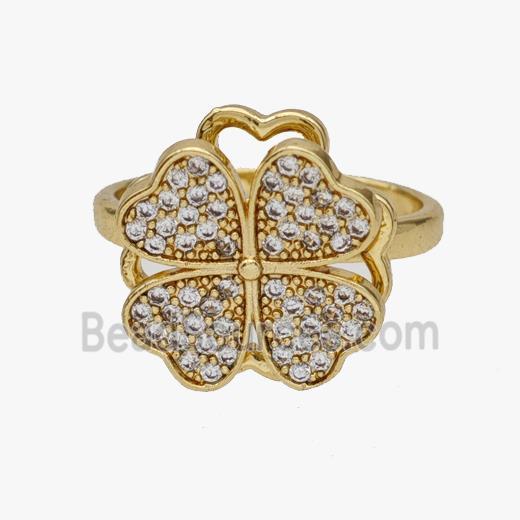 Copper Clover Rings Pave Zirconia Rotatable Adjustable Gold Plated