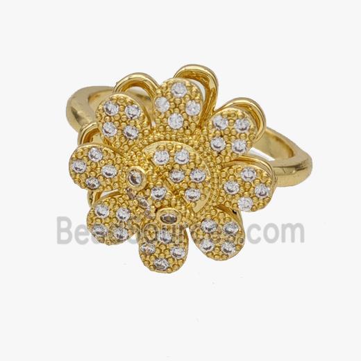 Copper Flower Rings Pave Zirconia Rotatable Adjustable Gold Plated