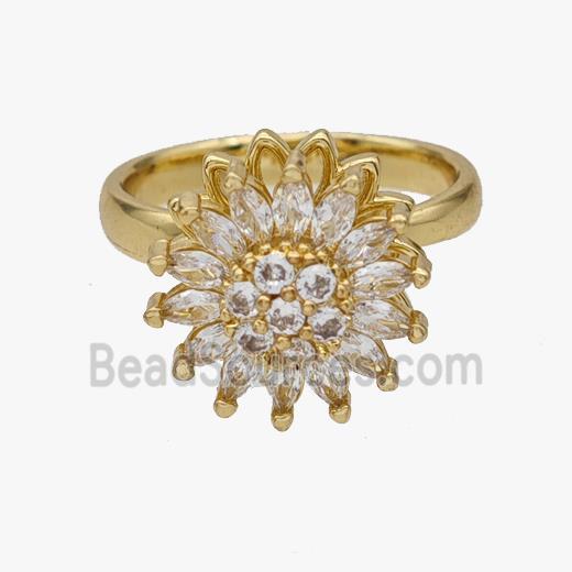 Copper Flower Rings Pave Zirconia Rotatable Adjustable Gold Plated