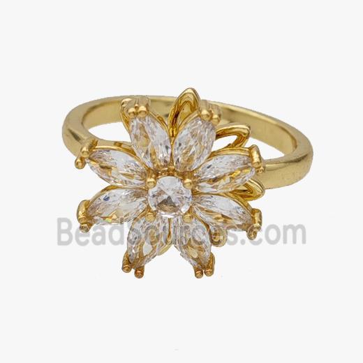 Copper Flower Rings Pave Zirconia Rotatable Adjustable Gold Plated