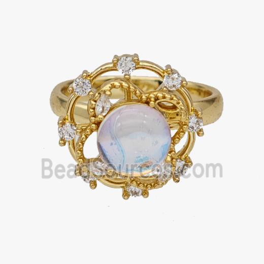 Copper Flower Rings Pave Zirconia Opalite Rotatable Adjustable Gold Plated