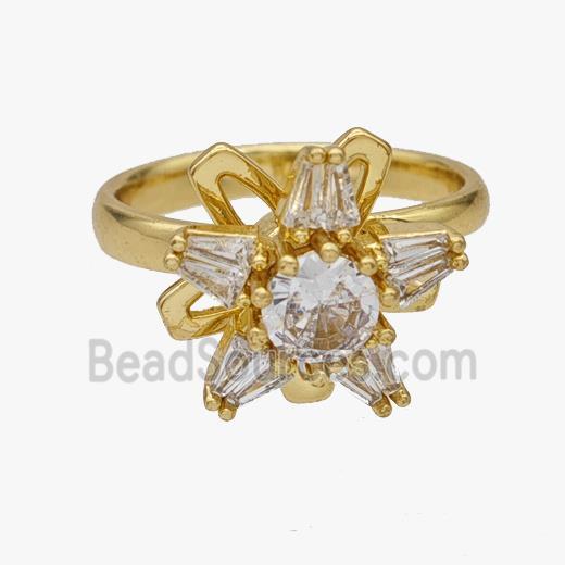 Copper Flower Rings Pave Zirconia Rotatable Adjustable Gold Plated