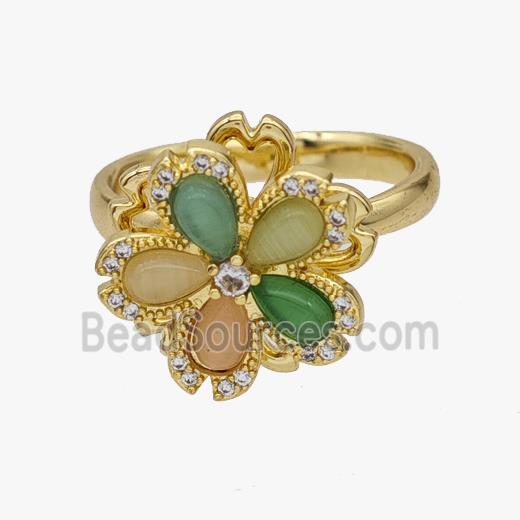 Copper Flower Rings Pave Zirconia Cateye Glass Rotatable Adjustable Gold Plated