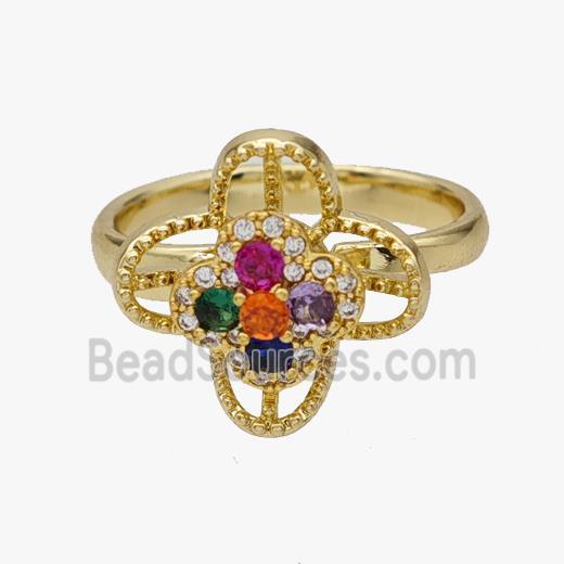 Copper Flower Rings Pave Zirconia Rotatable Adjustable Gold Plated