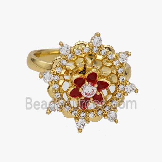 Copper Flower Rings Pave Zirconia Rotatable Adjustable Gold Plated