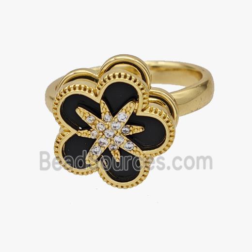 Copper Flower Rings Pave Zirconia Black Shell Rotatable Adjustable Gold Plated